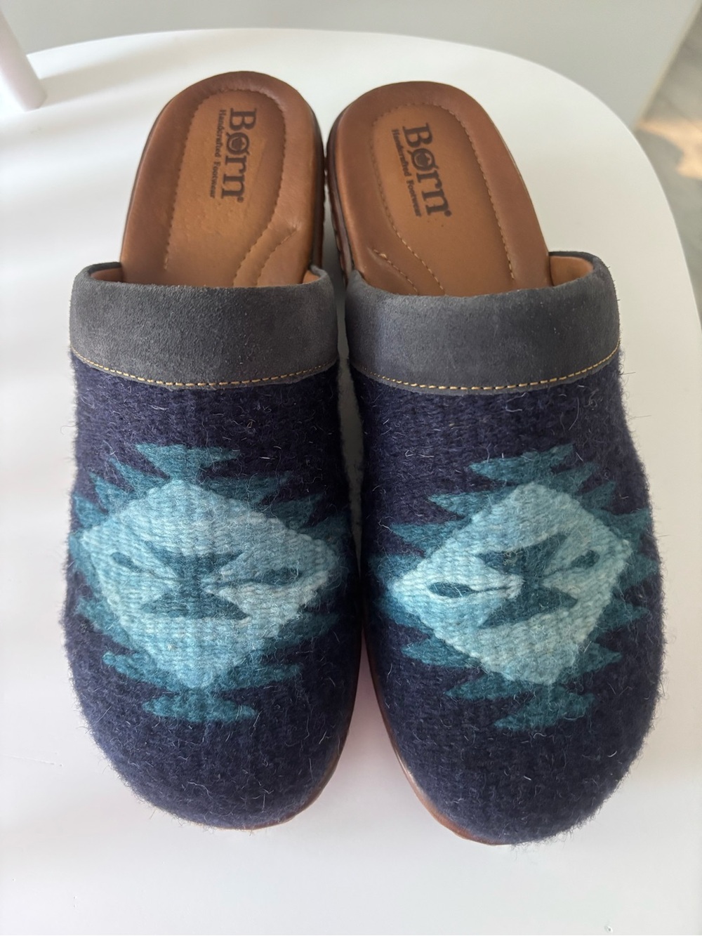 NWOT Born Navy Wool Clogs with Teal Aztec Motif